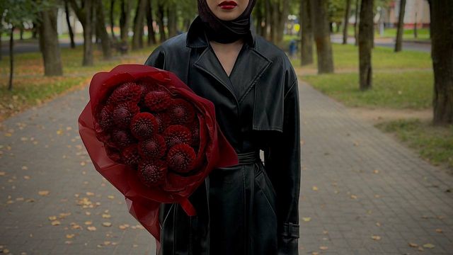Бордовые георгины на прогулке